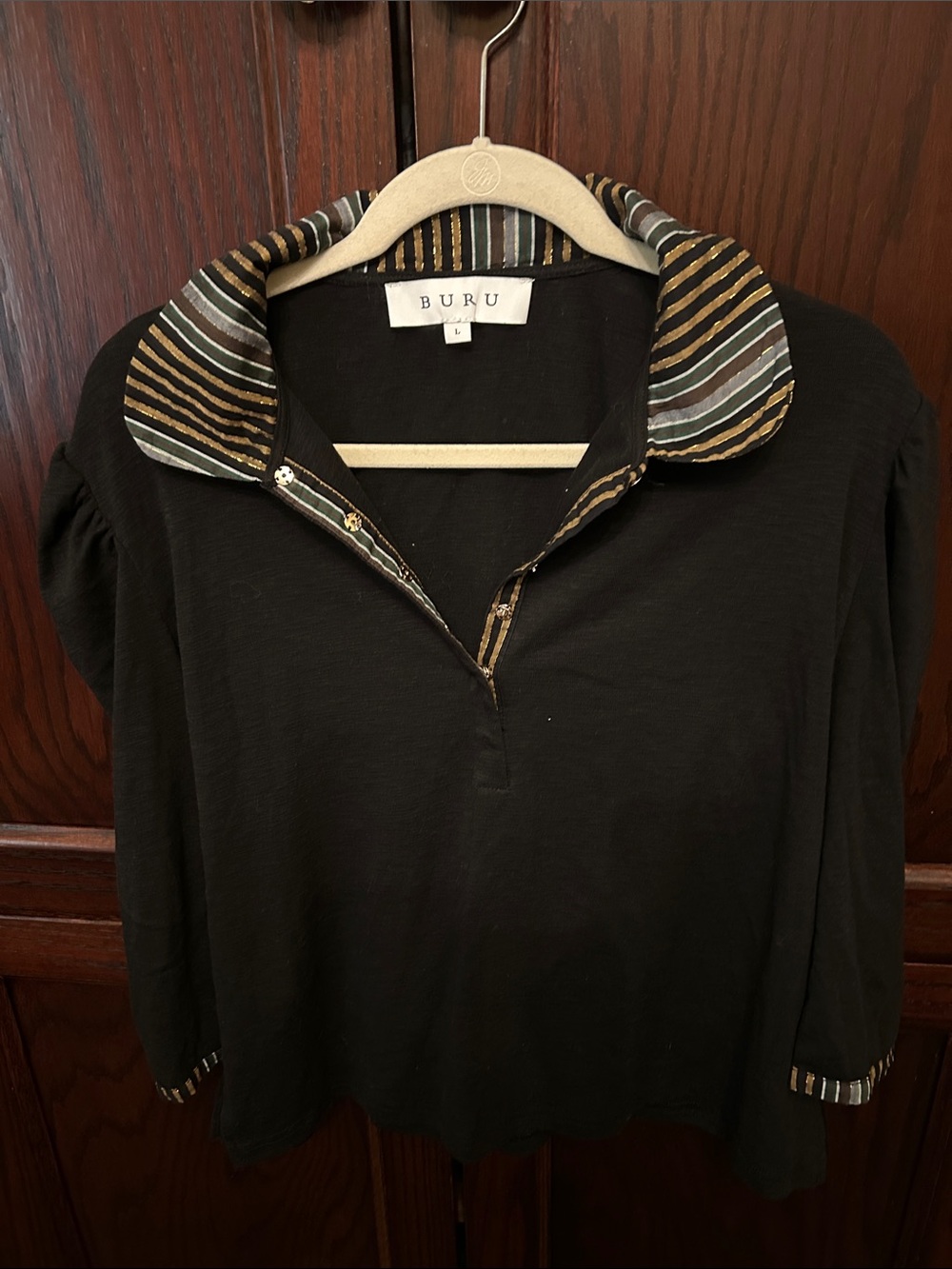 BURU Black Long Sleeve Polo Top with Stripe-Trim Collar